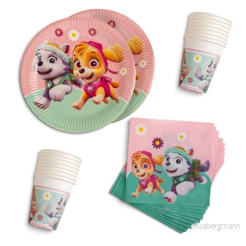 Procos DY10273867 Paw Patrol Skye & Everest partyset litet, tallrikar, koppar och servetter, bordsdekoration, födelsedagsdekoration 4058411738674
