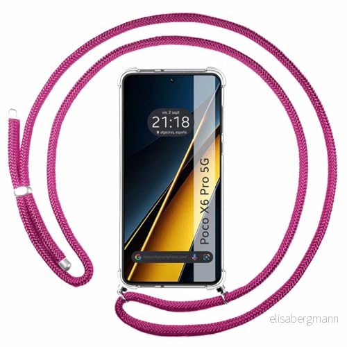 Tumundosmartphone Transparent hängande fodral för Xiaomi Poco X6 Pro 5G med rosa snöre fuchsia 8447079105649