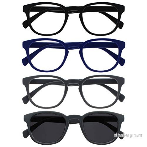 OPULIZE Pop 4 pack läsglasögon med läsning solglasögon retro rund slät matt svart blå grå män kvinnor RRRS2 1377 +1,00 5055955358244
