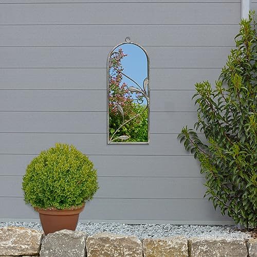 MirrorOutlet Arcus betongfärg inramad modern välvd trädgård väggspegel 25 tum x 9 (64 cm 24 cm) silver spegelglas med svart stöd för alla väder. 5055781855030