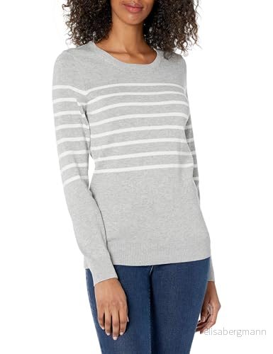 Amazon Essentials Crewneck randig tröja, dam, grå (lätt huvud/vit placerad rand), (tillverkarens storlek: liten) 191770491669