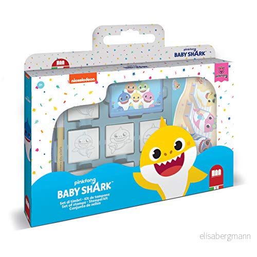 Multiprint Väska 7 st Baby Shark Barns Stämplar, 100% Tillverkad i Italien, Personliga Barnstämpelset, trä och naturgummi, giftfritt tvättbart bläck, presentidé, Art.07995 8009233079953