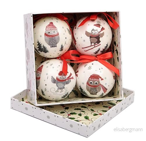 Uppsättning av 4 decoupage julgranskulor (Ø7,5 cm) söta vinterugglor med tygband i presentask 8033313936836