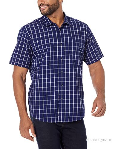 Amazon Essentials Men's Kortärmad poplinskjorta med normal passform, Marinblå Fönsterruta, S 191770006054