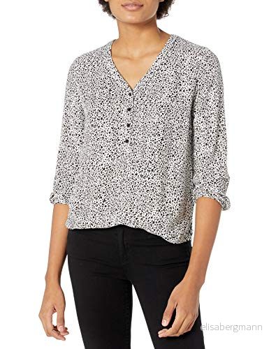 Amazon Essentials Women's Popover skjorta med knapp och trekvartsärmar, Svart Vit Djurtryck, L 194223974566