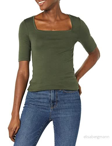 Amazon Essentials Women's T shirt med smal passform halvärm och fyrkantig hals, Olivgrön, S 195111948393