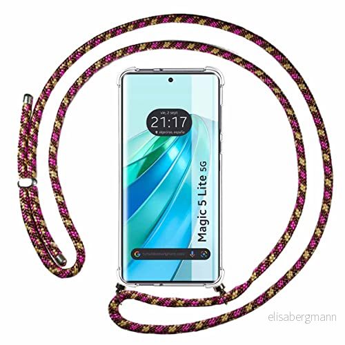 Tumundosmartphone Genomskinligt hängande fodral för Huawei Honor Magic 5 Lite 5G med Cordon Rosa/Guld 8434844952409