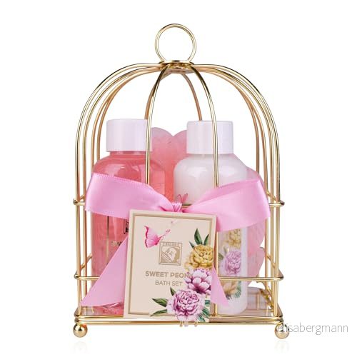 Accentra Duschset för kvinnor SWEET PEONY i en vacker trådkorg 3 delat vårdset med duschgel, bodylotion och badsvamp Wellness presentset mors dag & alla hjärtans 4015953717147