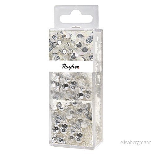 Rayher 14538606 Paljetter/glaspärlor, silver, 80 g och 50 m tråd 0,3 mm ø, pysselpärlor, rocailles, paljetter, glaspennor, trådtråd 4006166732256