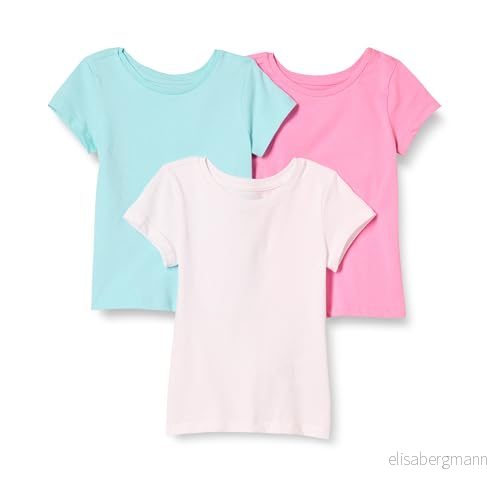 Amazon Essentials kortärmad t-shirt för flickor, 3-pack, vattenblå/rosa/vit, Large 191770351352