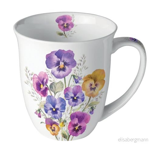 Ambiente tekopp kaffekopp mugg 0,4 l träd trädgård penséer pansies handtag fint ben Kina porslin vår sommar 8712159193688