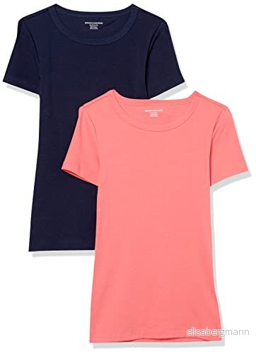 Amazon Essentials Women's Kortärmad T shirt med rund hals smal passform, Pack of 2, Marinblå/Varmrosa, XXL 196433207311