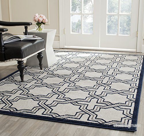 Safavieh geometrisk inomhus /utomhusvävd rektangelmatta, Amherst kollektion, AMT413, i elfenben/marinblå, 152 x 244 cm för trädgård, uteplats eller valfritt utomhusutrymme 683726435013