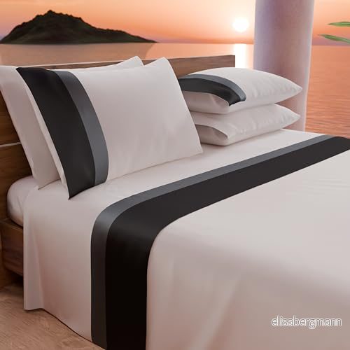 PETTI Artigiani Italiani lakan för dubbelsäng med dubbelfläns i satin 4 delar, 180 x 200 bomull percale hörn, överlakan och 2 örngott, svart 8056897563526
