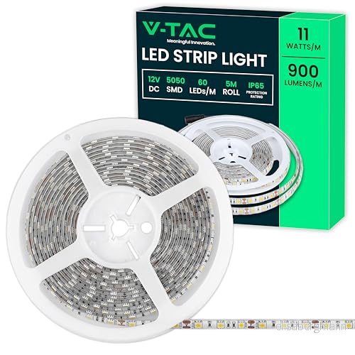 V-TAC Utomhus vattentät LED-remsa, IP65-5 meter, SMD 5050, lysande LED-remsa 3 000 K, varmvit, utomhus, LED-tejp med självhäftande och flexibel remsa, för trädgård, terrass, hem - 12 V 3800170212725