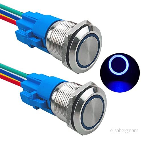 Aiqeer 2 stycken 19 mm tillfällig tryckbrytare, 12 V/24 V 5 A automatisk tändning startbrytare, IP67 vattentät tryckbrytare i rostfritt stål, med förkopplat uttag (blå LED) 750139208449
