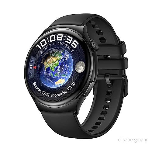 HUAWEI Watch 4, 3D krökt glas och rostfritt stålhölje, 1,5 tums LTPO AMOLED färgskärm, svart fluorelastomer armband, eSIM telefon, kompatibel med Android iOS, tysk version 6941487298365