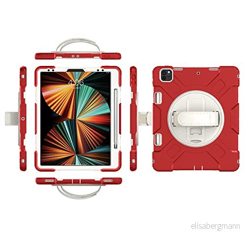 iPad Pro12.9 2018/2020/2021 generationen fodral med skärmskydd pennhållare kickstand handrem 360 vridbar handledsrem stativ hållbart skyddsfodral (röd) 755985082380