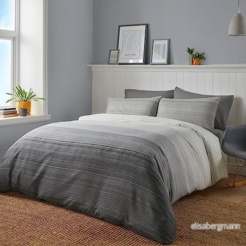 Fusion modernt grått påslakan dubbelsäng (200 x 200 cm) vändbar design ombre grå sängkläder ljusgrått träkol randigt linjer 5056387773797
