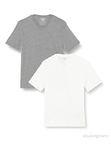 Amazon Essentials kortärmad v ringad t shirt för män (finns i stor och lång), 2 pack, grå ljung/vit, Small 196433604387