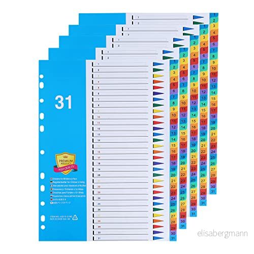 [5 pack] A4 fildelare 31 artikelnummer 1 31,31 del indexdelare ämnesdelare med siffror flerstansade förstärkta färgindexflikar 714216685332