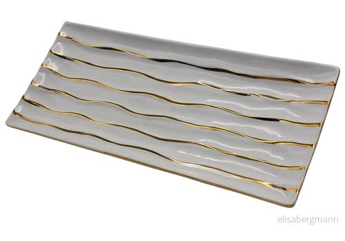 Högkvalitativ keramisk skål/dekorativ skål i vitt med gyllene linjer, rektangulär, storlek 38 x 17 3 cm 4250905194373