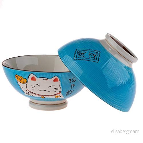 lachineuse 2 sopp eller ramenskålar i porslin kattmönster Maneki Neko, blå 3700512426745