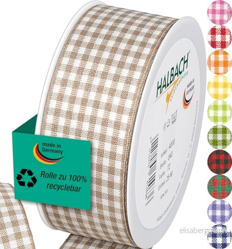 Halbach sidenband premium Vichy Karo presentband (linne) Bredd 40 mm längd 25 m rutband tillverkat i Tyskland rutat band många färger 4015275614636