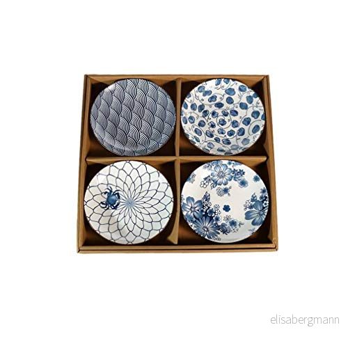 lachineuse Set med 4 japanska tallrikar ihåliga asietter ⌀ 17,5 cm i asiatisk stil blå och vit färg traditionell japansk Zen servis Japan presentidé design vågor blommor 3700512426868