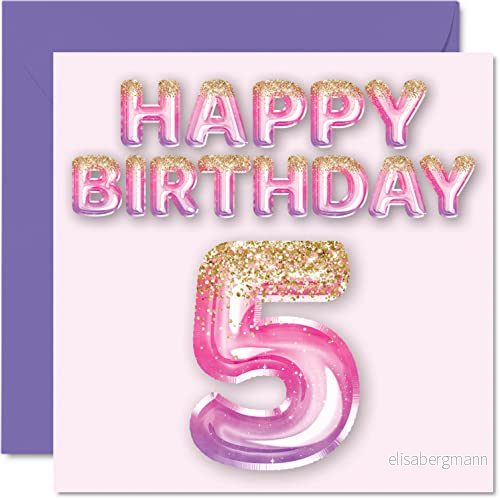 5:e födelsedagskort för flickor rosa och lila glitterballonger grattis på 5 årig flicka dotter syster barnbarn kusin, 145 mm x fem femte födelsedagen gratulationskort present 5059575960757