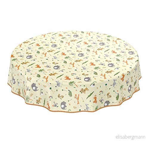 ANRO Bordsduk, vaxduk, tvättbar, vaxbordsduk, barn, födelsedag, djur, ljusgrön, rund, 100 cm med fåll passpoal 4059064416971