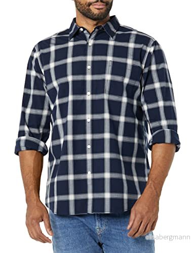 Amazon Essentials Herr långärmad smal passform stretch poplin skjorta, marinblå vit buffel pläd, X Small 196433227029