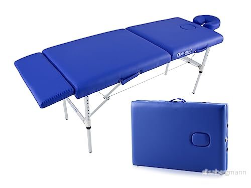 QUIRUMED massagebänk, hopfällbart, ultralätt aluminium, konstläder, professionell, 200 x 60 cm, blå, avtagbart huvud, ansiktshål, fotbräda, upp till 120 kg 8435270758214