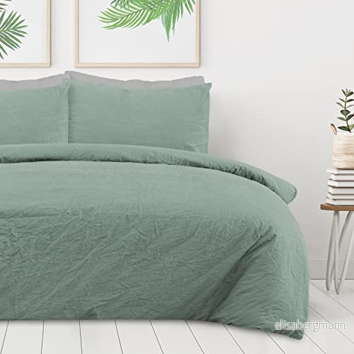 Sleepdown 100% ren bomull enfärgad salvia grönt påslakan täcke örngott sängkläder set mjuk enkel skötsel dubbel (200 cm x 200 cm) 5056557501113