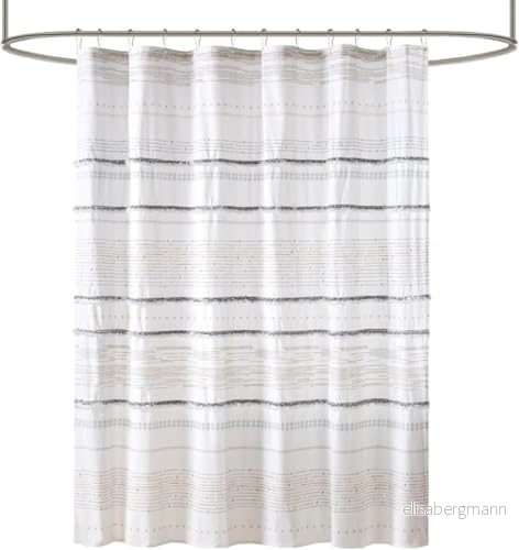 INK+IVY NEA 100% bomull duschdraperi boho tofsar, flerfärgad randigt tryck maskin tvättbar, modern hem badrum inredning badkar integritetsskärm, 183 cm x cm, benvit/grå 86569389053