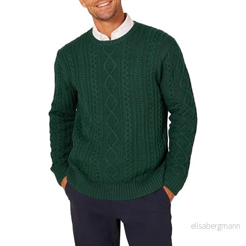 Amazon Essentials Herr långärmad 100% bomull fiskare kabel rund hals tröja, mörkgrön, X Small 195111094021