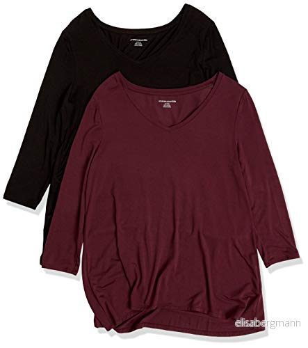 Amazon Essentials Women's V ringad Swing T shirt med kvartsärmar (finns i plusstorlek), Pack of 2, Svart/Vinröd, L 194223868308