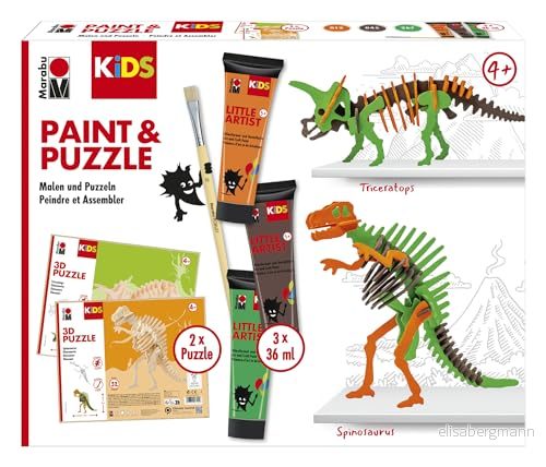 Marabu 030500000110 KiDS Little Artist, 3D pusselset, motiv dinosaurie, mål och pussellåda med 2 djurfigurer, 3 x 36 ml färg, vegansk, för barn från 4 år, medium 4007751960948