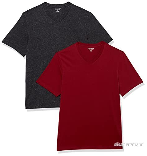 Amazon Essentials kortärmad v ringad t shirt för män (finns i stor och lång), 2 pack, kolljung/vinröd, Large 196433604004