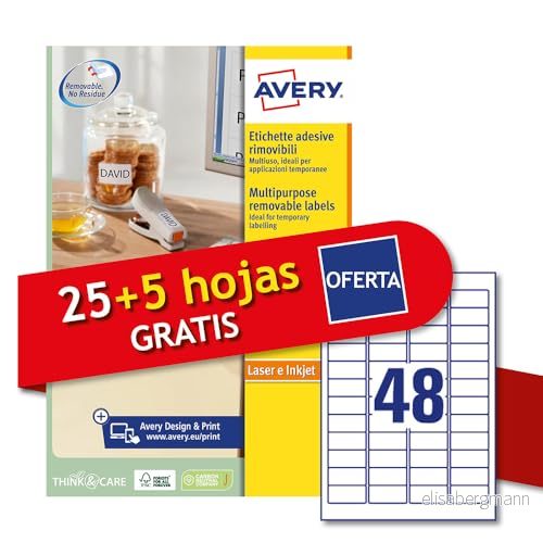 Avery Italia L4736REV 30P självhäftande etiketter vitt papper, löstagbara, inga rester, 25 + 5 extra ark, rektangulära 45,7 x 21,2 mm, 48 per avtagbart lim, laser/bläckstråleutskrift 8007827215596