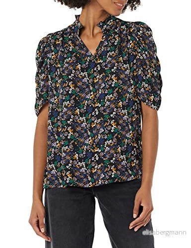 Amazon Essentials dam lätt Georgette halvärm volang hals vävd blus, svart Ditsy blommig, X Small 196433517052