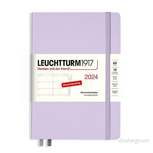 LEUCHTURM1917 367609 Veckokalender medium (A5) 2024, med extra häfte för adresser och årsdagar årsdagar, lila, tyska, 12 månader 4004117628238
