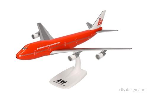Herpa Snap Fit modellflygplan Braniff International Boeing 747 100 "Big Pumpkin", miniatyr i skala 1:250, samlarobjekt, modell med ställ, plast 4013150614146