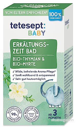 tetesept Baby förkylningstid bad badtillsats med ekologisk timjan och myrten för en frigörande dofteffekt lugnande, mild aromvård spädbarn från 3 månader 100 ml 4008491100106