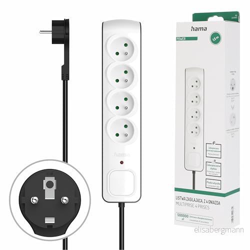 Hama Överspänningsuttag med strömbrytare (block 4 uttag 16A Look Design, 1,5 m förlängning, flera energibesparande uttag, 45 platt hankontakt, 3680 W, kabel H05VV F3G1.5) svartvit 4047443490339
