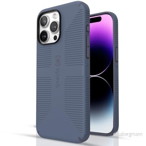 Speck iPhone 15 Pro Max fodral byggt för MagSafe, droppskyddsgrepp repbeständig, mjuk beröring, 16,7 cm telefonfodral CandyShell Grip Mystery blå/blekt denim 840168538553