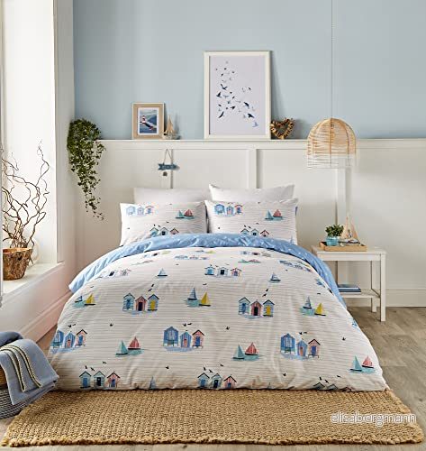 Fusion Nautiskt blått påslakan enkelsäng (140 x 200 cm) vändbart (2 mönster) strand /segelbåtar blå och vita sängkläder med kusttema strandstugor säng set 5056387739847