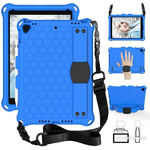 GrimClub Fodral för iPad 9/8/7 (10,2 tum) Eva Shock Proof Light Weight Professional Kids Case med pennhållare, stativ, handledsrem axelrem, blå 9376983048195