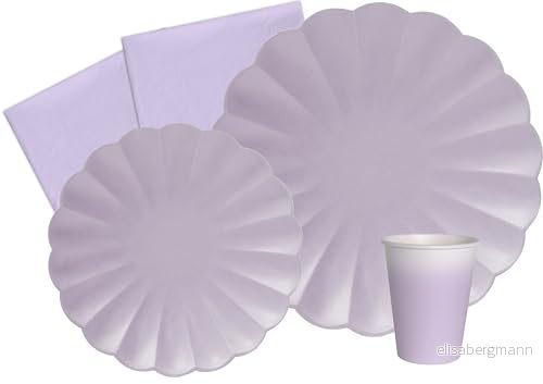 Party Tableware Set Flower Shape for 8 people (44 pcs: plates Ø23cm, Ø18cm, cups 200ml, 20 napkins 33x33cm) in eco friendly compostable paper, lavander purple violet 8026196982762