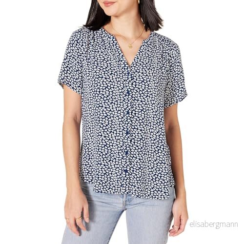 Amazon Essentials kortärmad vävd blus klädtröja, marinblå/vit, kronblad, XL 194223976133